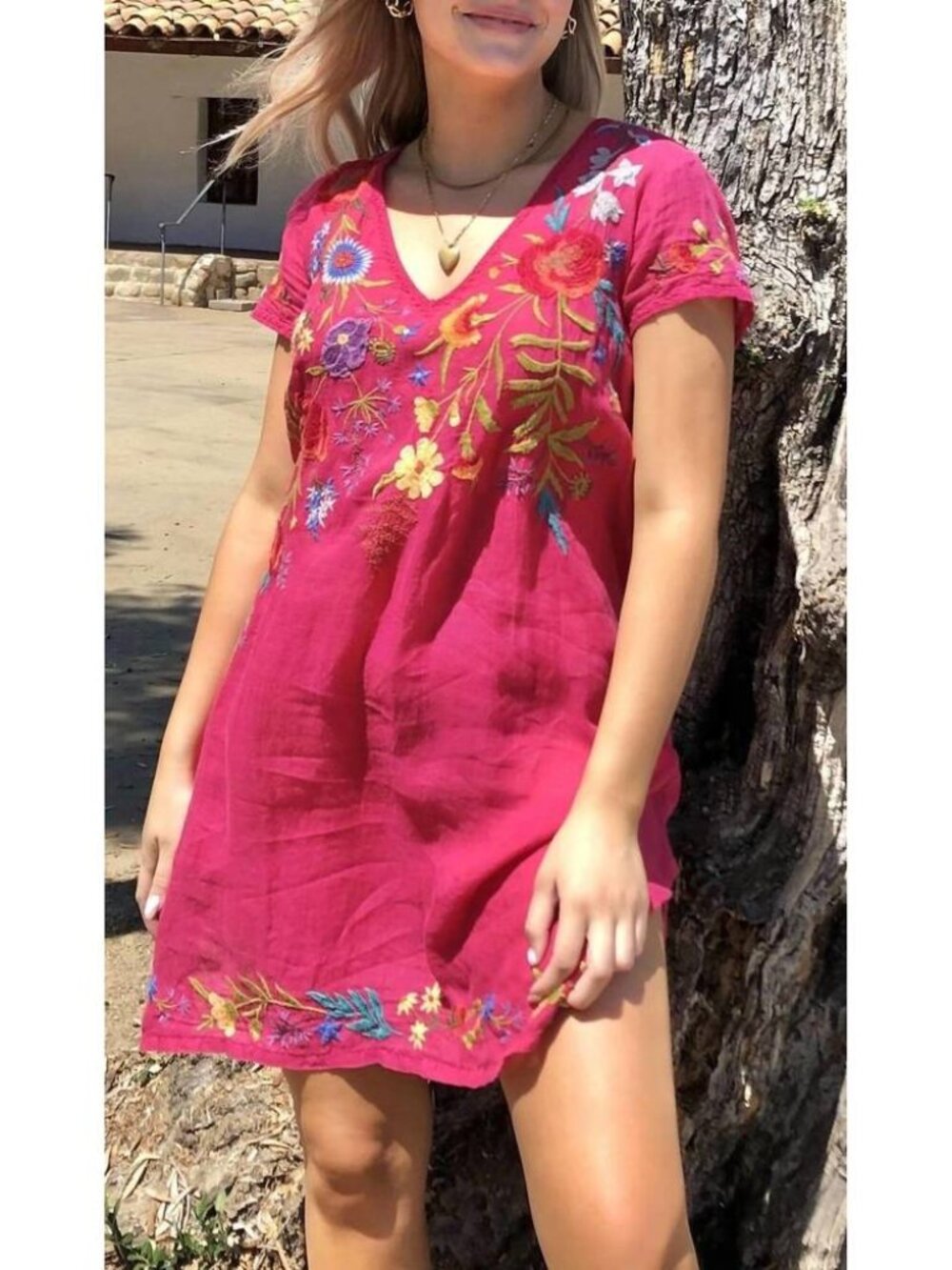 Johnny Was Provence Drape Tunic Dress Size Medium Pink Floral Embroidered Boho